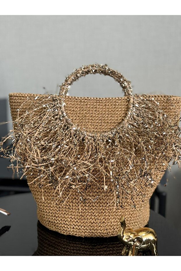 Hand Knitted Paper String Round Handbag with Glitter Fringe Detail and Ring Handle