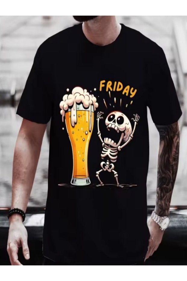 Unisex Oversize Holiday Day Beer Printed Cotton Crew Neck Short Sleeve Black T-Shirt