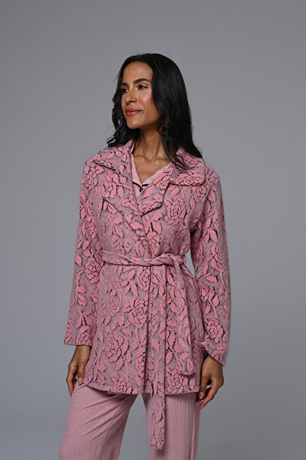 Women's Powder Jacquard Shawl Collar Front Buttoned Winter Design Maternity Postpartum Dressing Gown Pajama Set