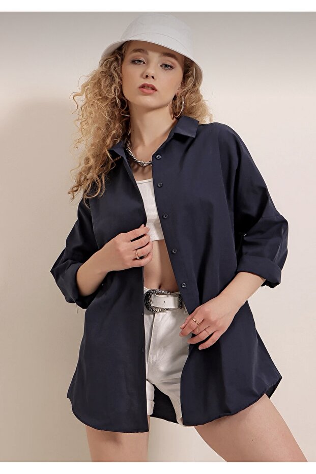 Kadın Oversize Basic Gömlek Lacivert - 2