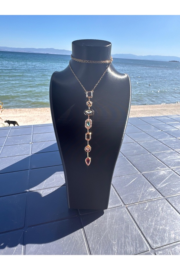 Y Necklace Colorful Stone Pendant Silver Color