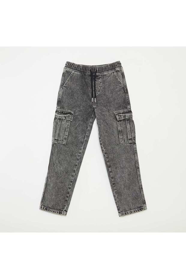 بنطلون مطاطي متعدد الجيوب باللون الرمادي - 2