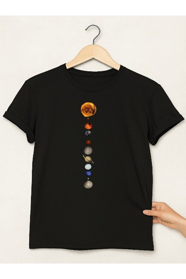 Unisex Oversize Planets Printed Cotton Crew Neck Short Sleeve Black T-Shirt