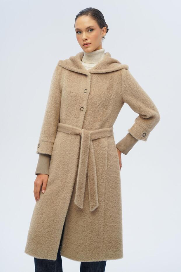 Hooded Ribbed Detailed Plush Coat Mink 3118