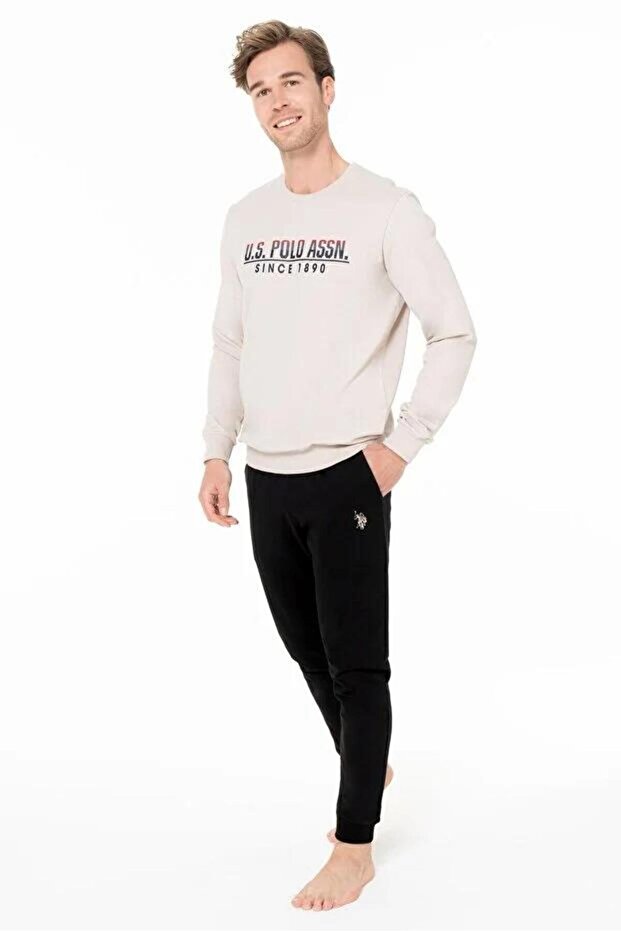 Men's Beige Color Long Sleeve Crew Neck Elastic Leg Pajama Set C8T2N981
