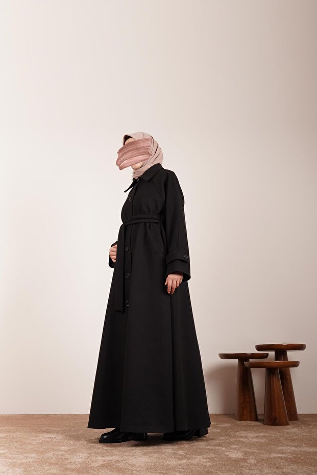 Düğmeli Kloş Kaban-Siyah - 2