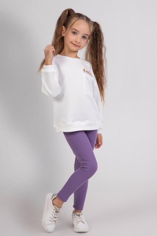 Mojo Girl's 3-7 Years Old Embroidered Sweatshirt-Leggings Set Purple