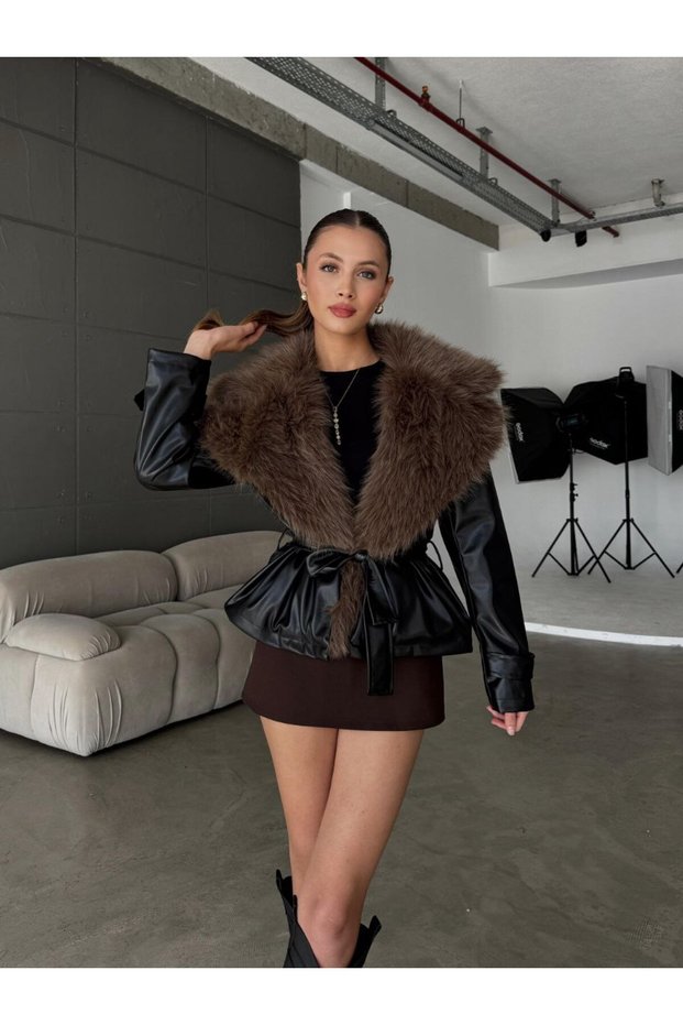 Imported Black Fur Collar Tied Leather Jacket