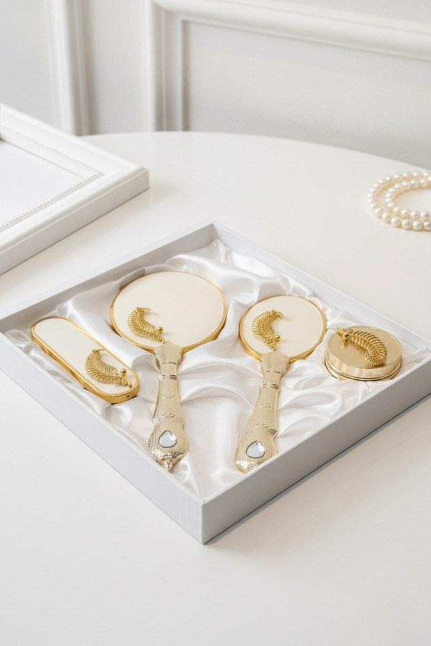 مجموعة مشط مرآة هدية من الزفاف - بنمط أوراق الشجر - 1