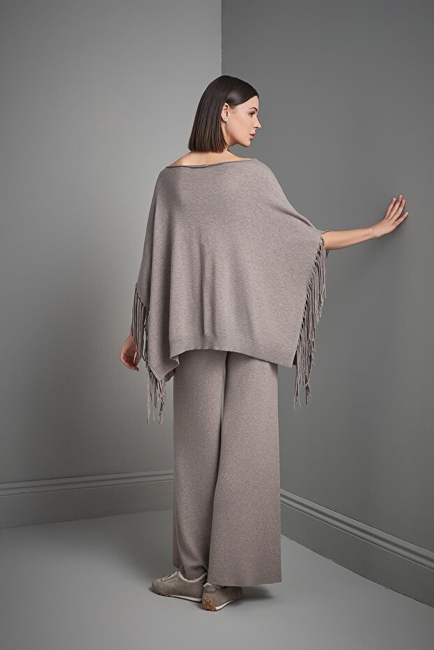 Püsküllü Vizon Triko Panço - 6