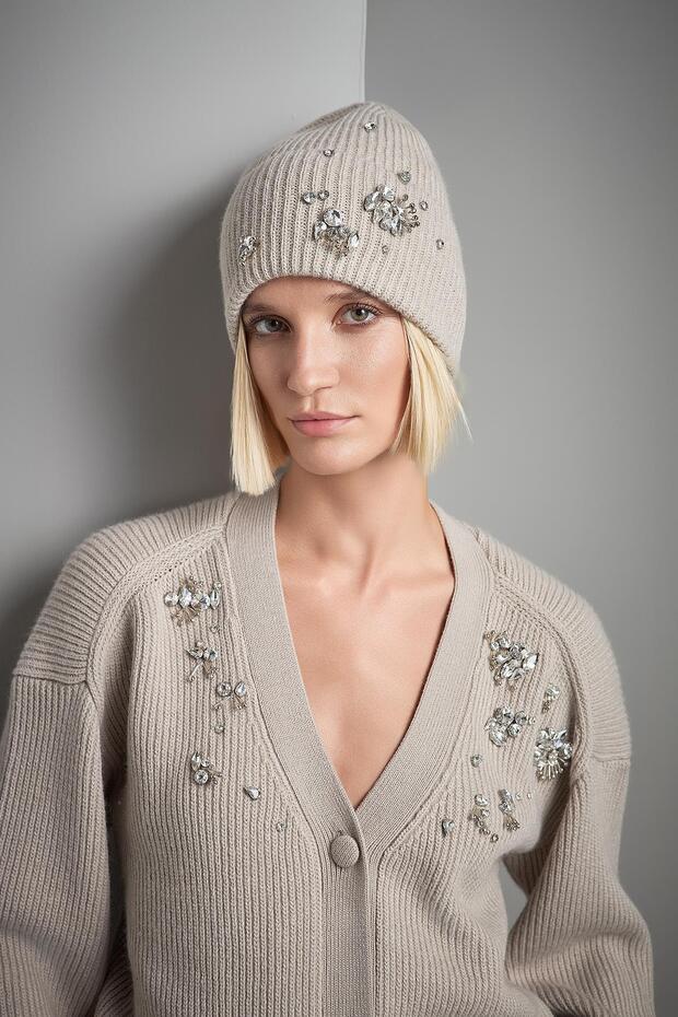 El İşi Taş İşlemeli Bej Triko Bere - 1