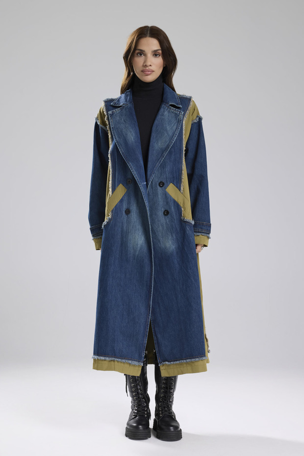 Women's Denim Garnished Woven Fabric Mixed Design Trench Coat