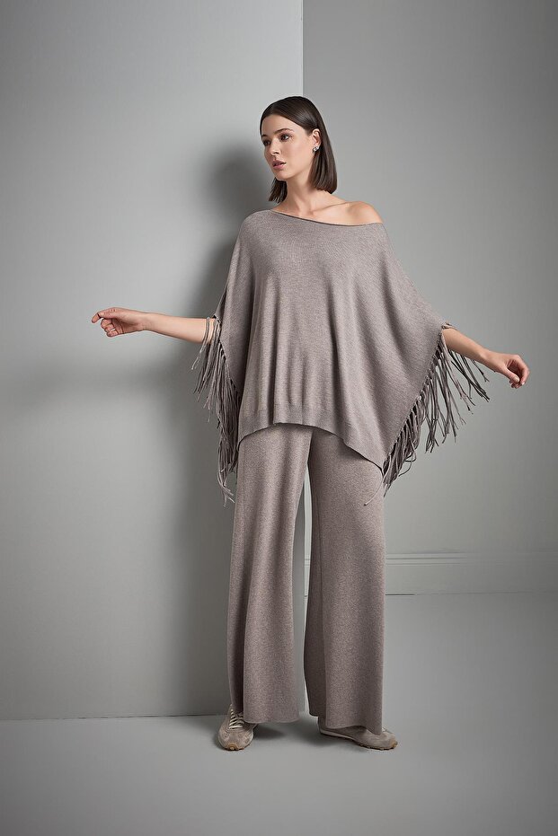 Püsküllü Vizon Triko Panço - 4