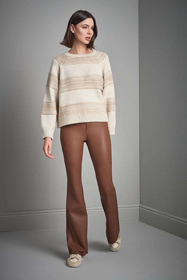 Çizgili Bej Triko Kazak - 4
