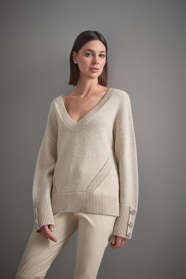 V Yaka Simli Bej Triko Kazak - 2