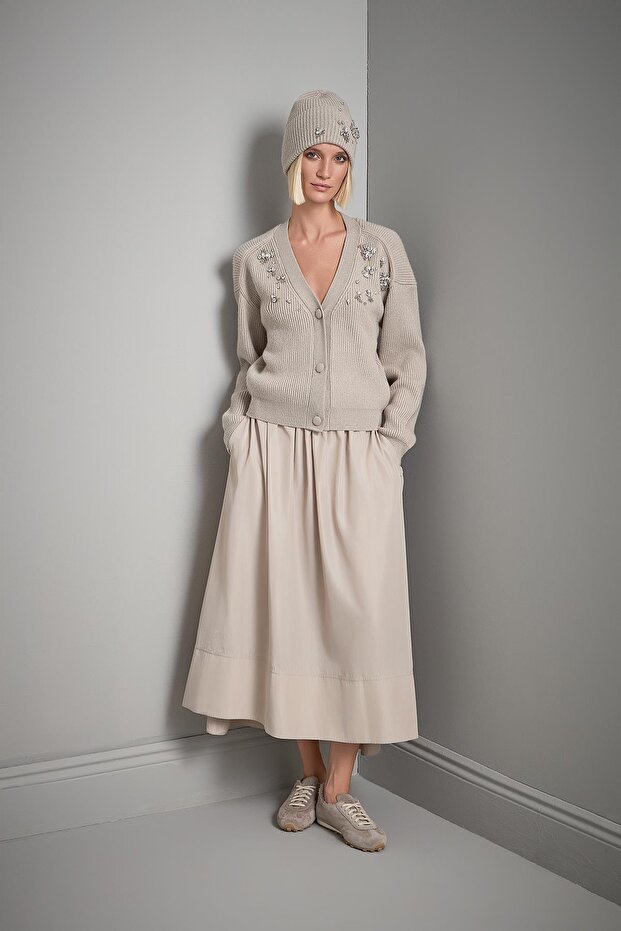 El İşi Taş İşlemeli Bej Triko Bere - 6