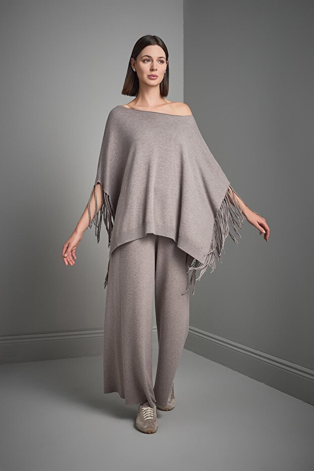 Püsküllü Vizon Triko Panço - 5