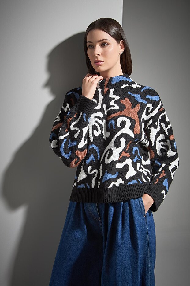 Desenli Dik Yaka Multi Triko Kazak - 4