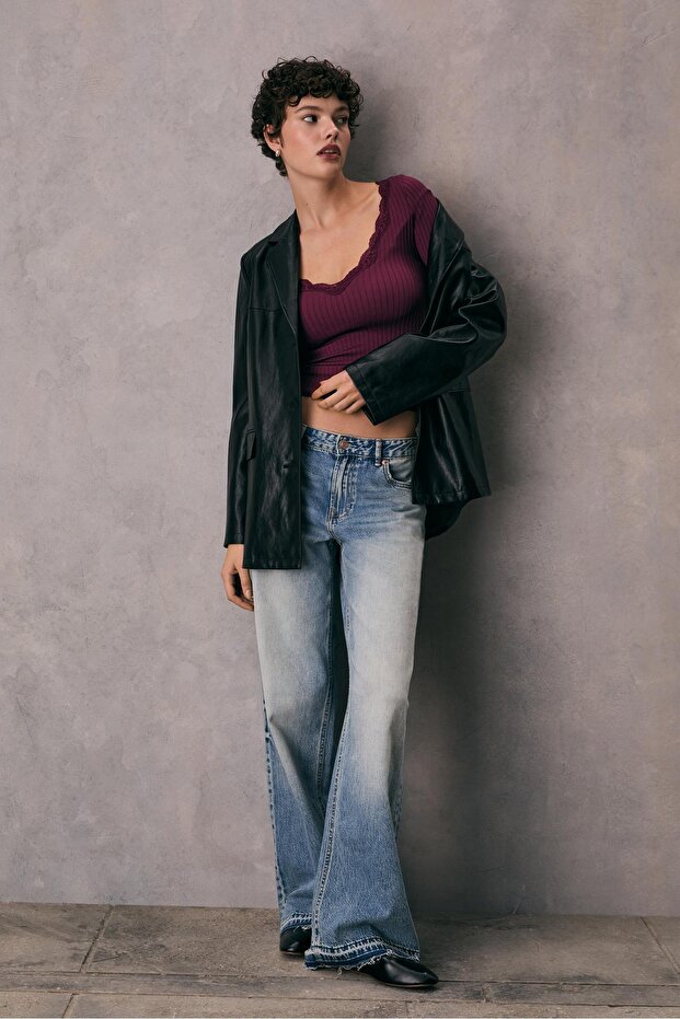 Dantelli dikişsiz tişört - 1