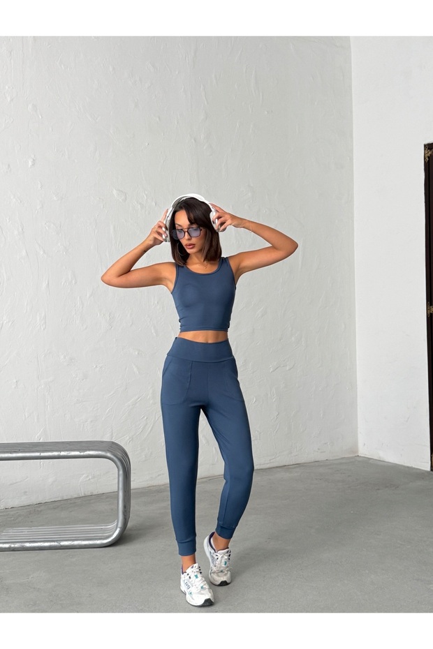 Yüksek Bel Dar Paça Jogger Eşofman Altı İndigo Mavi - 6