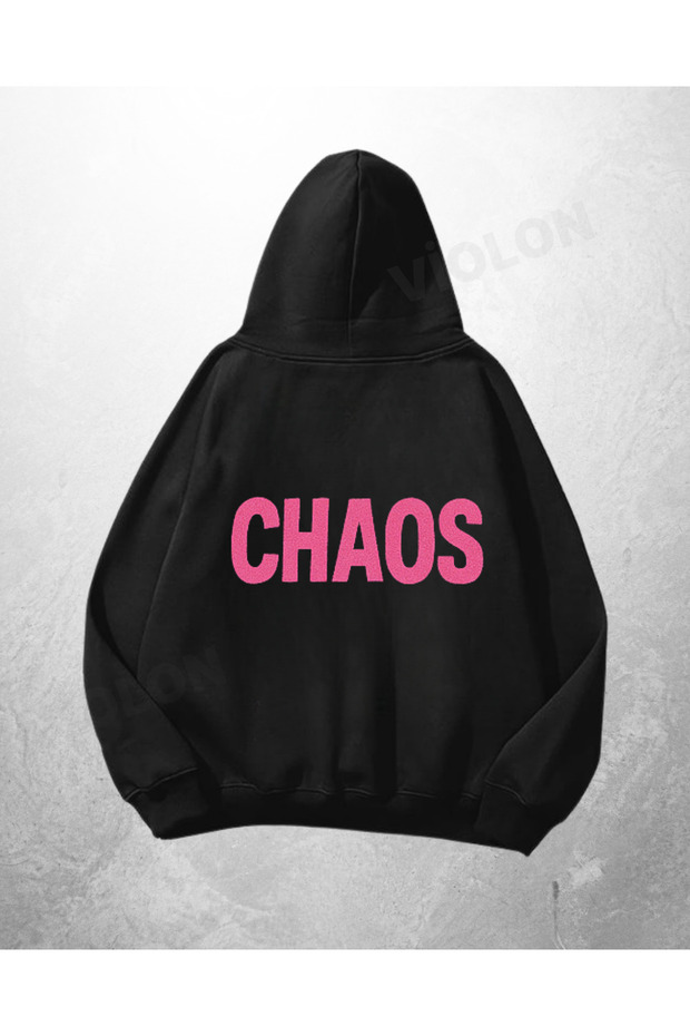 سويت شيرت بقلنسوة كبير الحجم مطبوع عليه Chaos باللون الأسود للجنسين