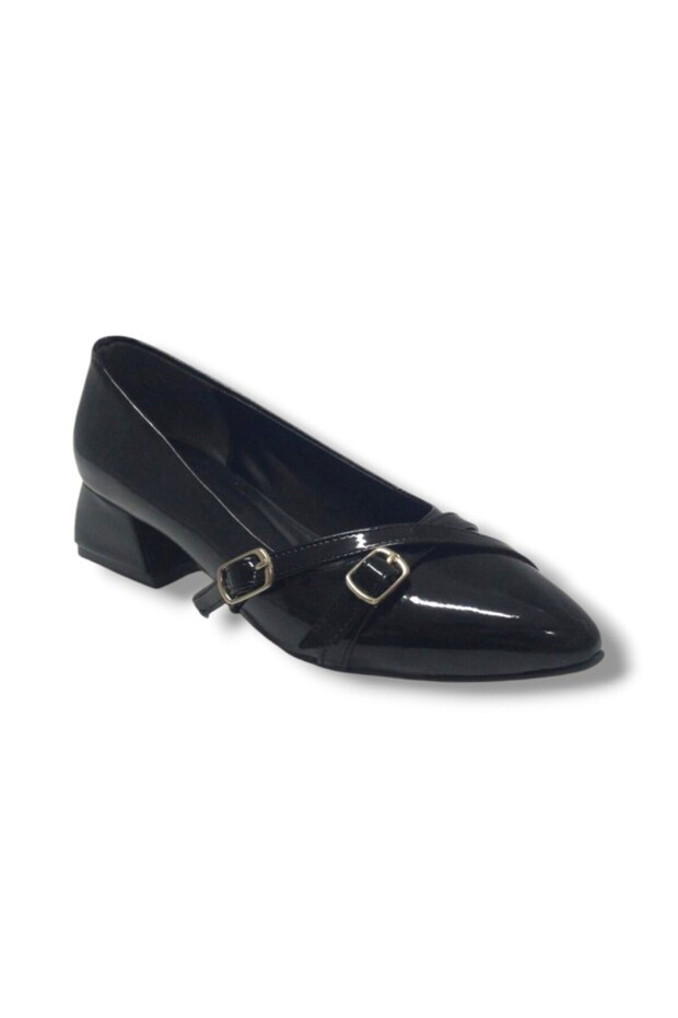 676-26 Patent Leather Double Buckle Square Heel Women's Shoes