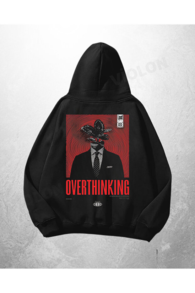 سويت شيرت بقلنسوة كبير الحجم مطبوع عليه Overthinking باللون الأسود للجنسين