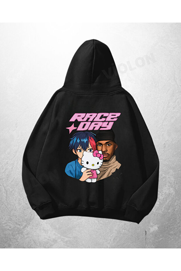 Black Unisex Race Days Cartoon Printed Oversize Hoodie Sweatshirt