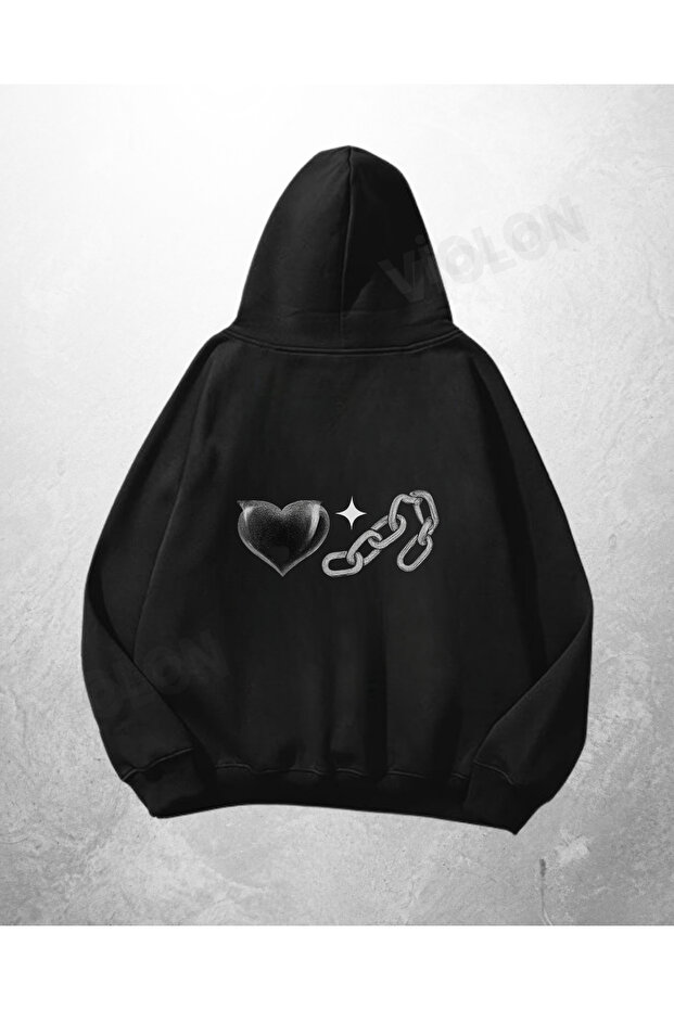 Black Unisex Heart Chain Printed Oversize Hoodie Sweatshirt