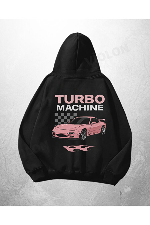 Black Unisex Turbo Machine Pink Car Printed Oversize Hoodie Sweatshirt