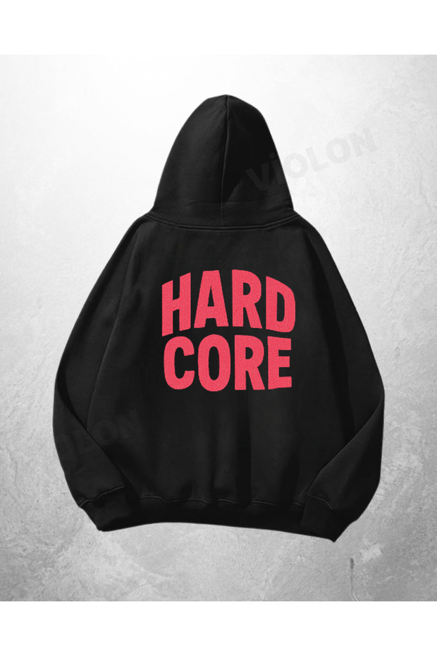 سويت شيرت هوديي كبير الحجم مطبوع عليه Hard Core باللون الأسود للجنسين