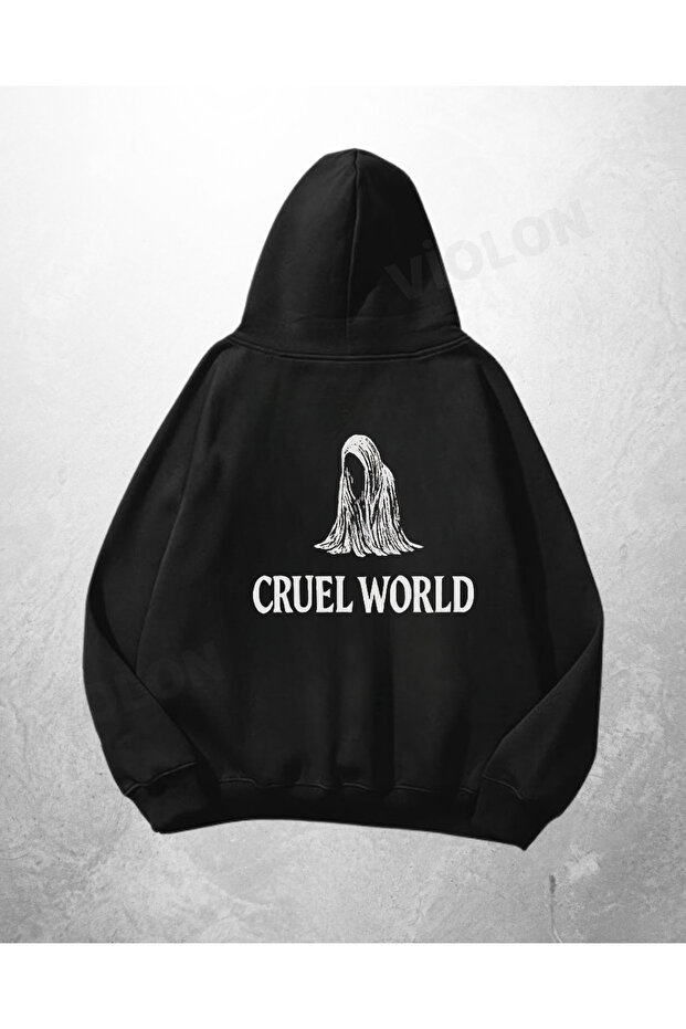 Black Unisex Cruel World Printed Oversize Hoodie Sweatshirt