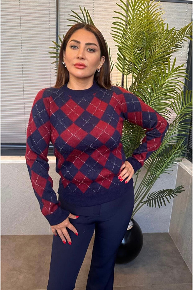 Rhinestone Patterned Burgundy Sweater - 1