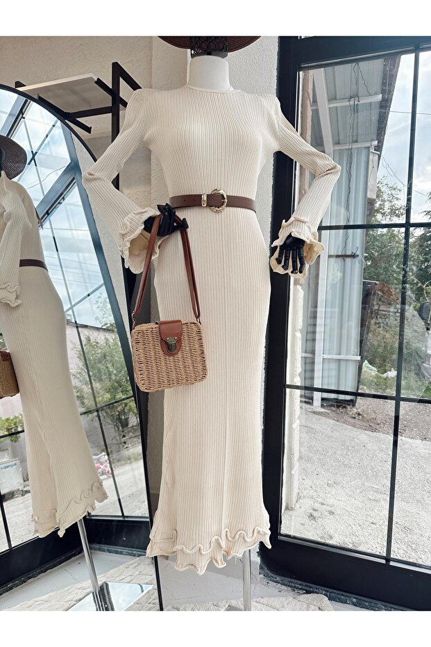 Fırfırlı Triko Elbise Bej - 3