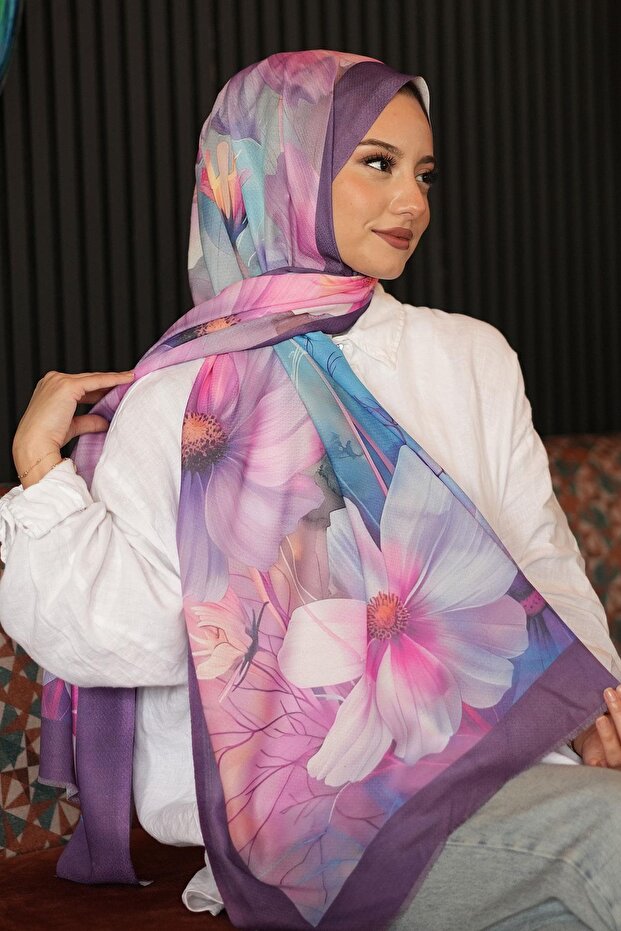 شال قطن ناعم وردي بنمط الزهرة - 1