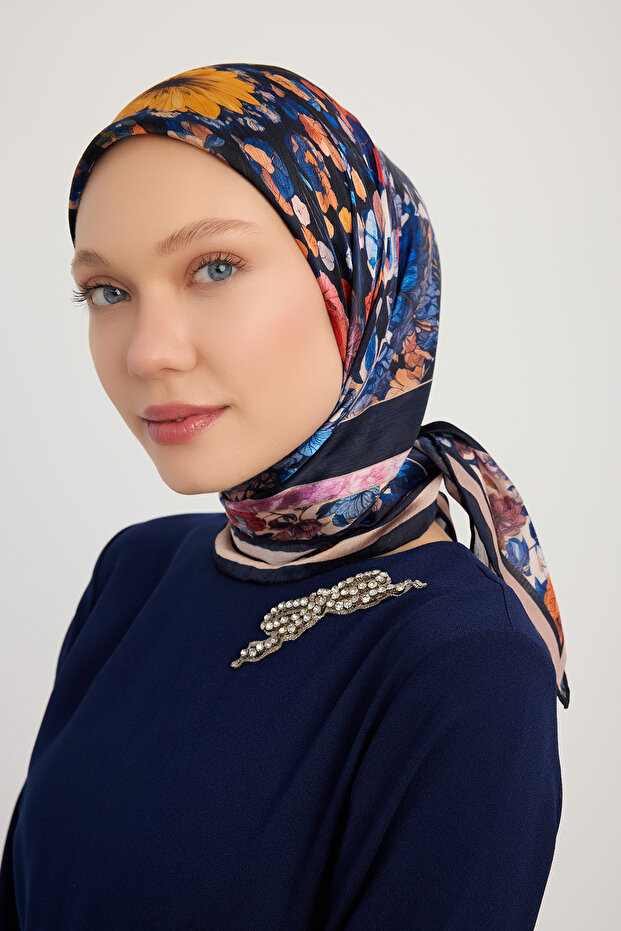 وشاح جانجان - أزرق داكن - بنقشة أورورا - 90x90 سم