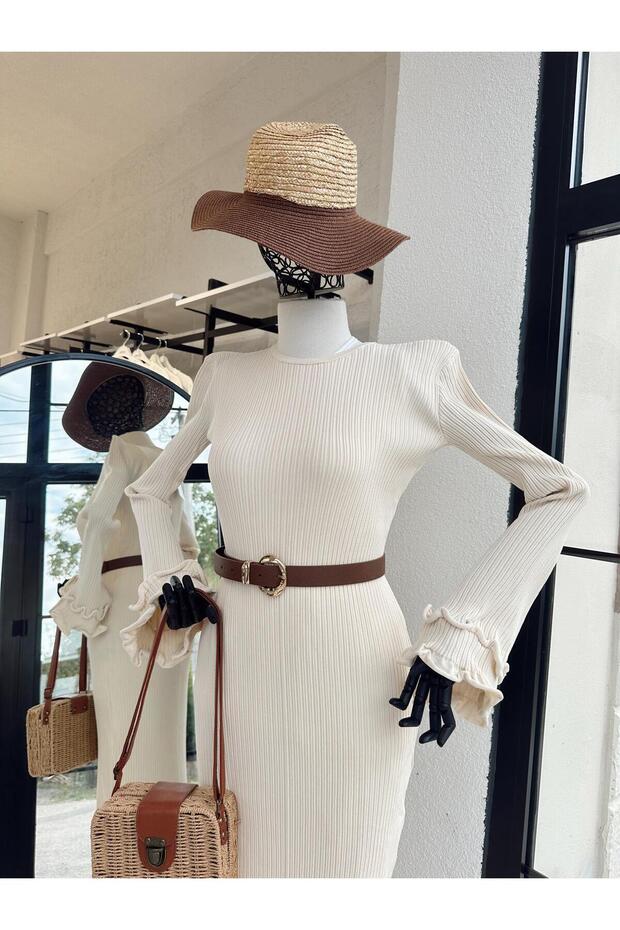 Fırfırlı Triko Elbise Bej - 2