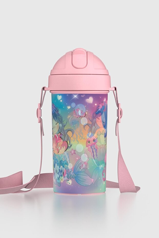 Cosmo Lenticular Deniz Kızı Desenli 415 ml Pipetli Askılı PP Çocuk Matara 912149 Pembe - 1
