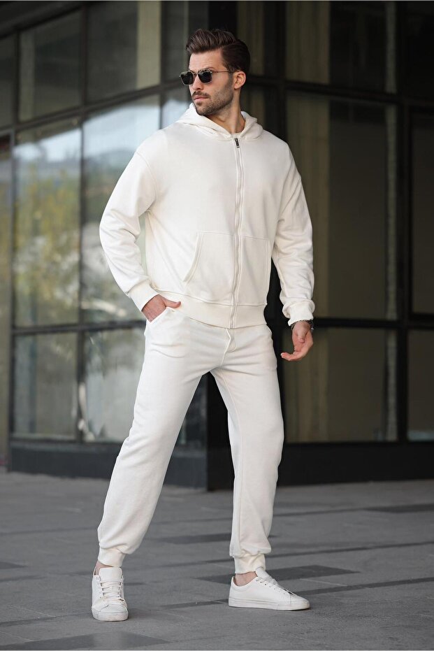 Beyaz Kapüşonlu Fermuarlı Basic Erkek Eşofman Takımı E7331 - 4