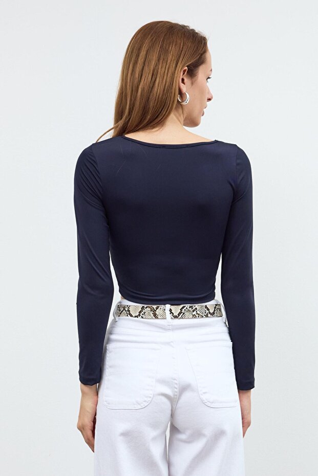 Lacivert Basic Kare Yaka Crop Bluz - 4