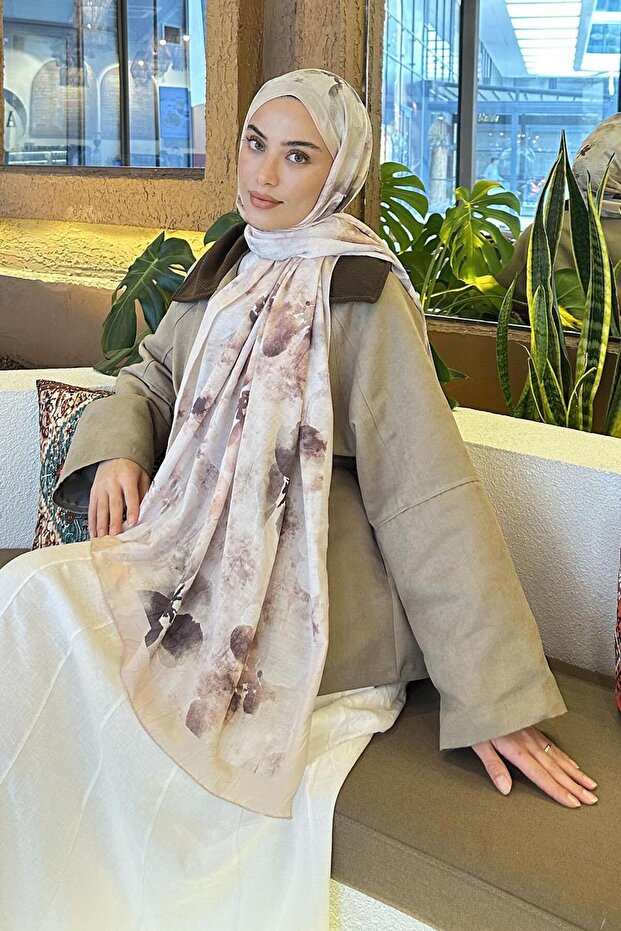 Batik Çiçek Desen Bambu Şal Bej - 1