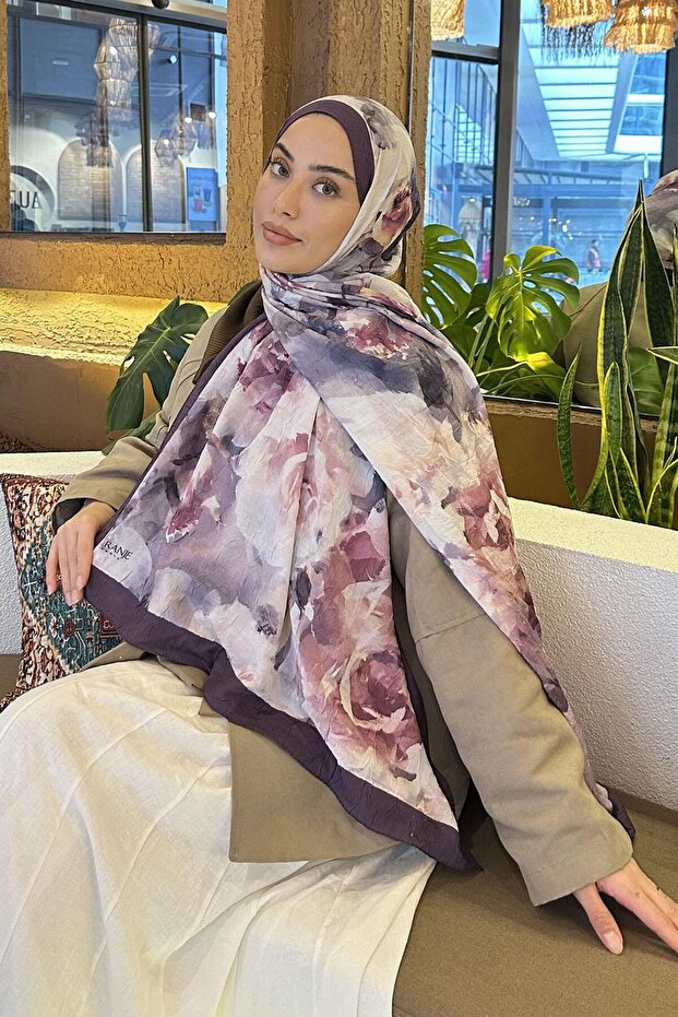 Gül Desen Bambu Şal Eflatun - 1