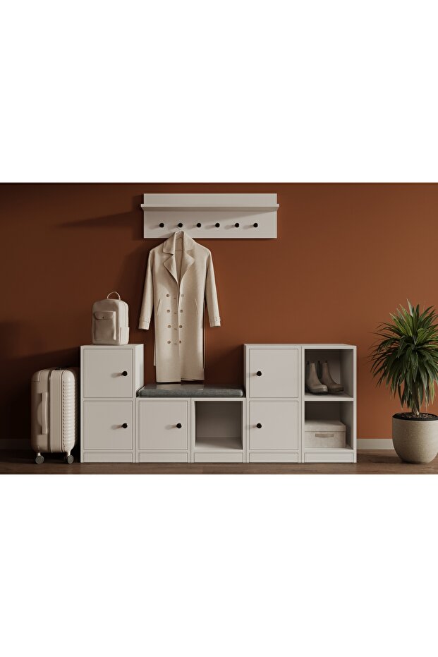 5 Kapaklı Ayakkabılık Minimalist Askı Raflı Duvar Dekoru Antre Portmanto Seti MST-AYK-1013 - 1