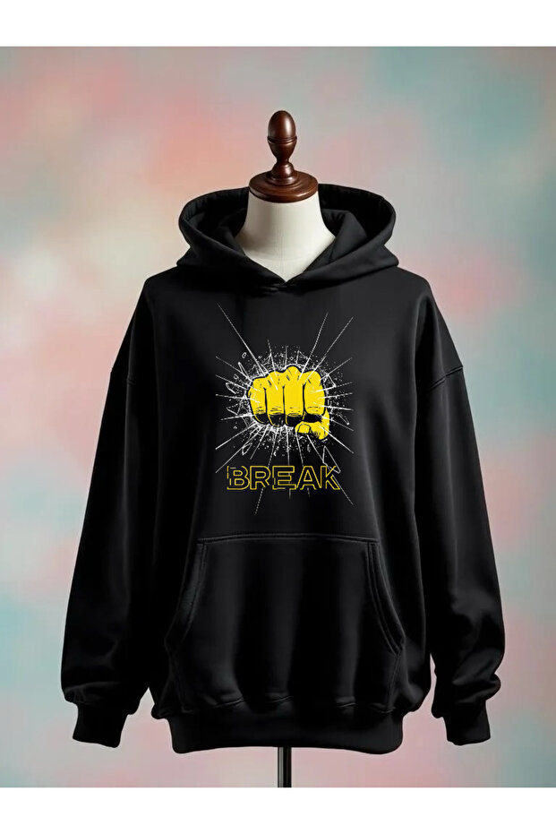 Printed Cotton 3 Thread Oversize Black Sweatshirt