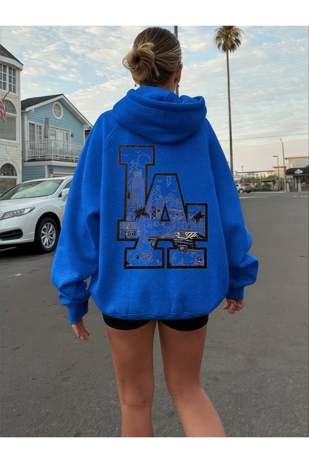 Unisex La Los Angeles Colorful Custom Printed Cotton Oversize Hooded Sweatshirt