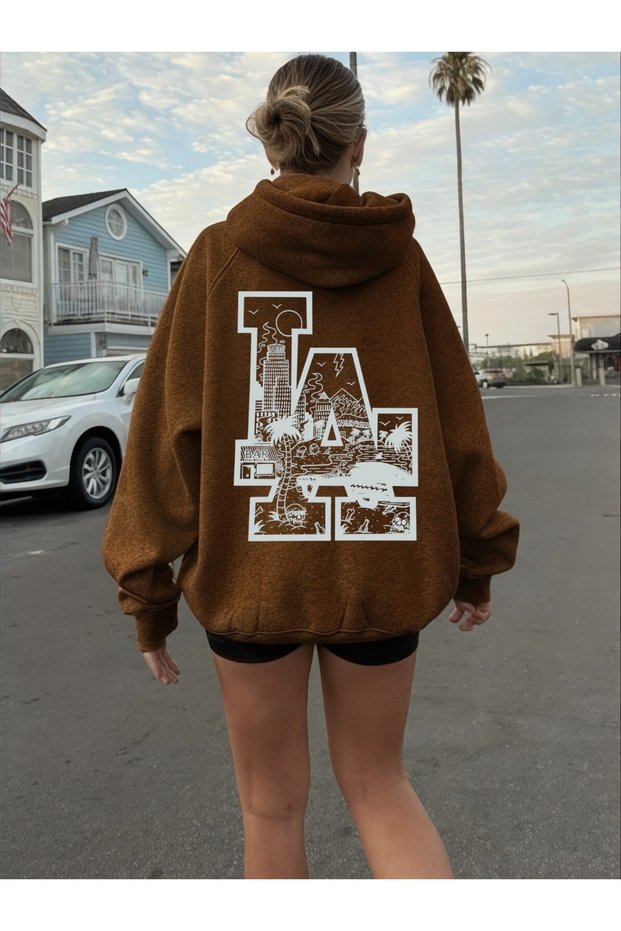 Unisex La Los Angeles Colorful Custom Printed Cotton Oversize Hooded Sweatshirt