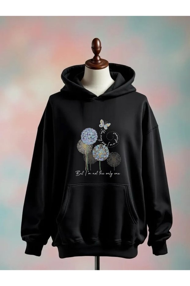 Printed Cotton 3 Thread Oversize Black Sweatshirt