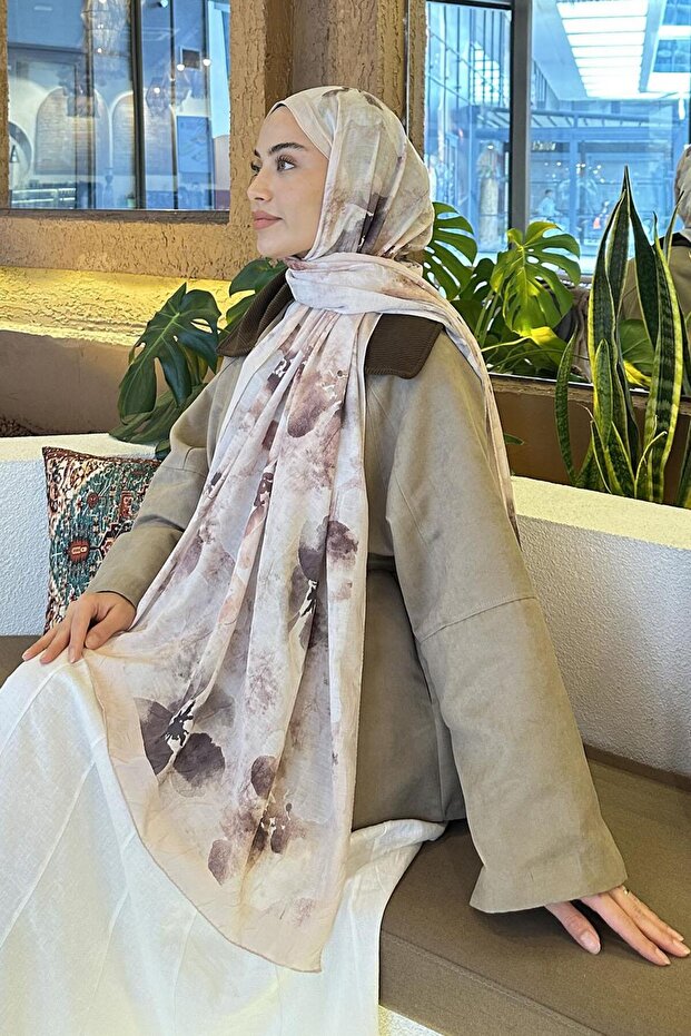 Batik Çiçek Desen Bambu Şal Bej - 4