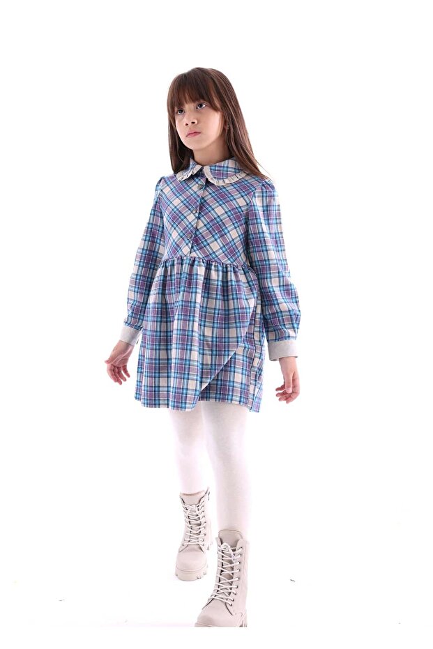 Bebe Yaka Mavi Ekose Kışlık Kız Çocuk Elbise - 1