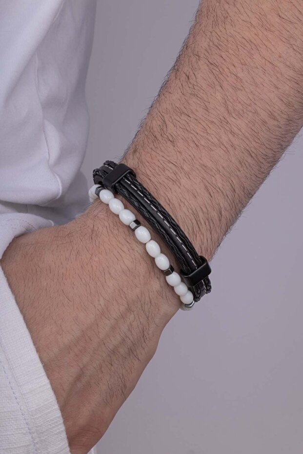 White Jade Stone Stitched Leather Men's Bracelet Combination